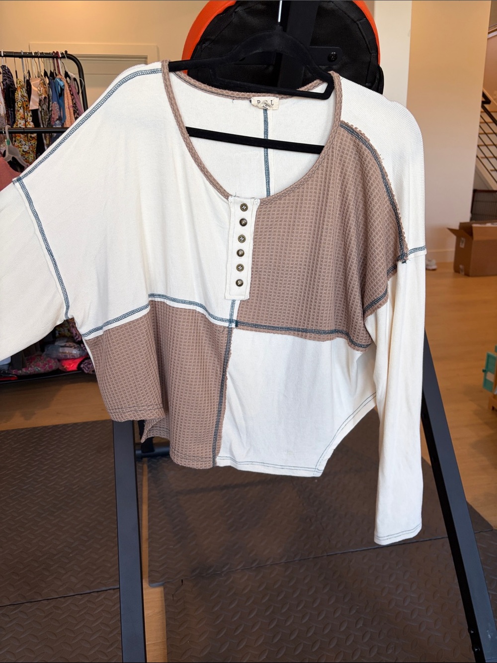POL Two-Tone Waffle Henley Top - Cream & Taupe